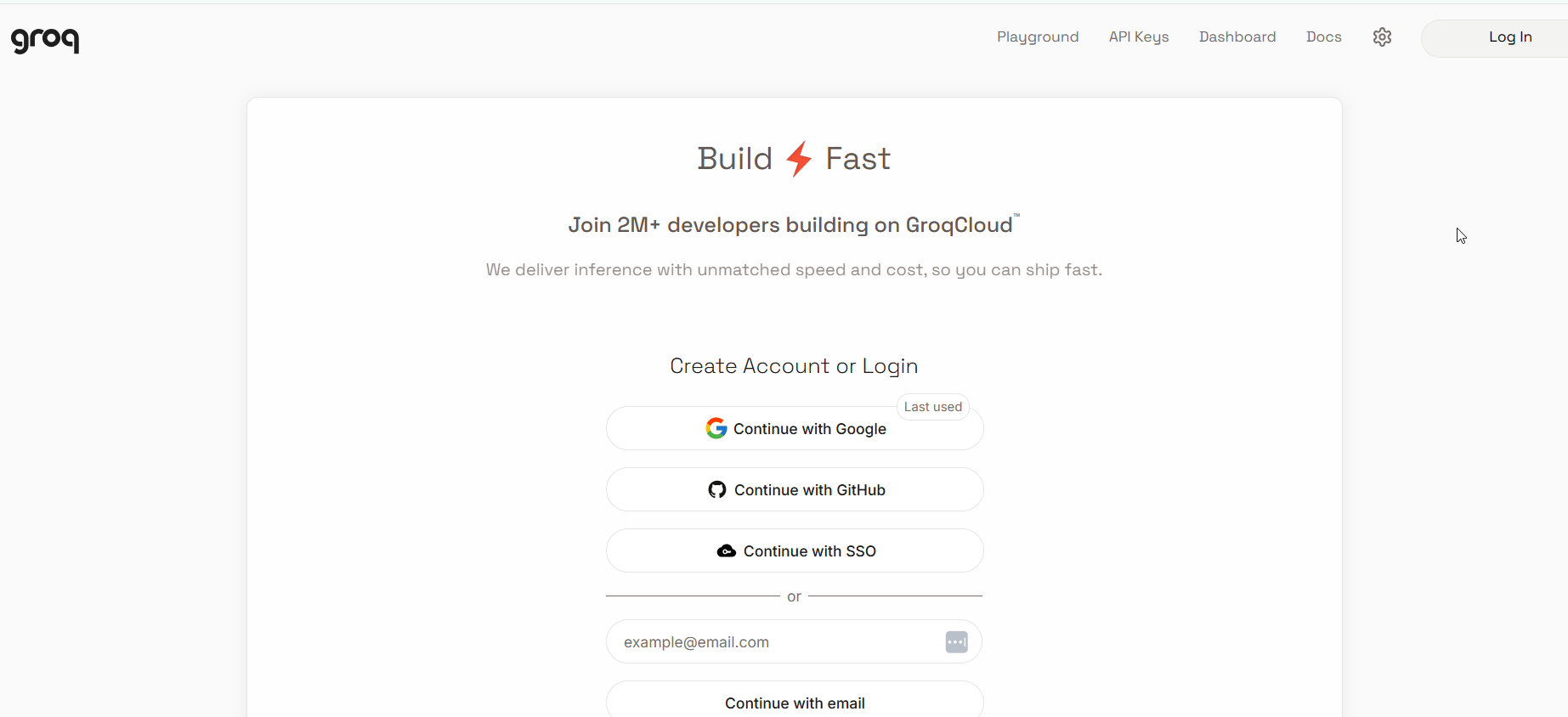The Groq console sign-in page: continue with Google, GitHub, SSO, or email