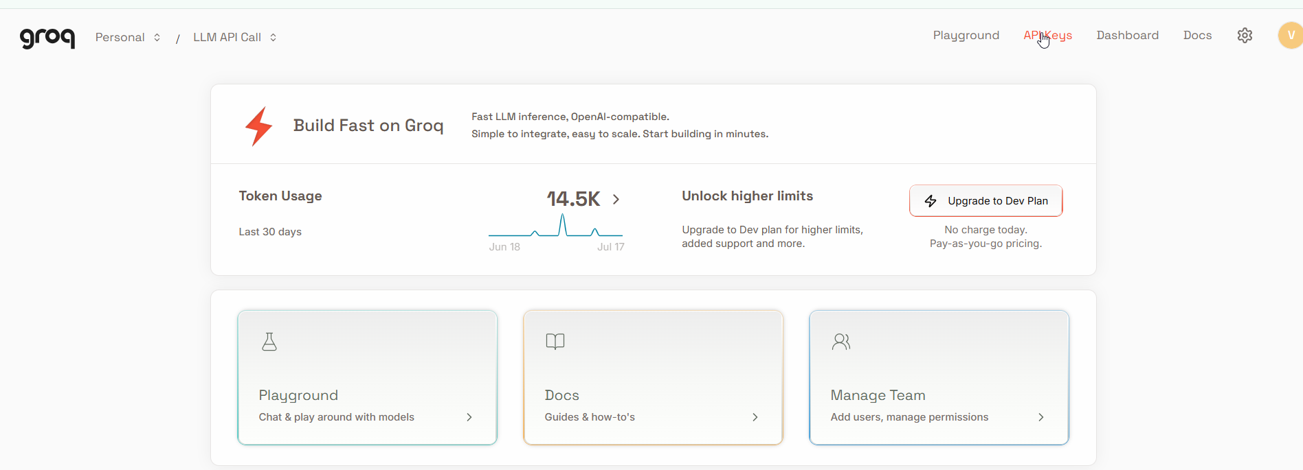 The Groq console home: token usage chart, playground, docs, and the API Keys tab