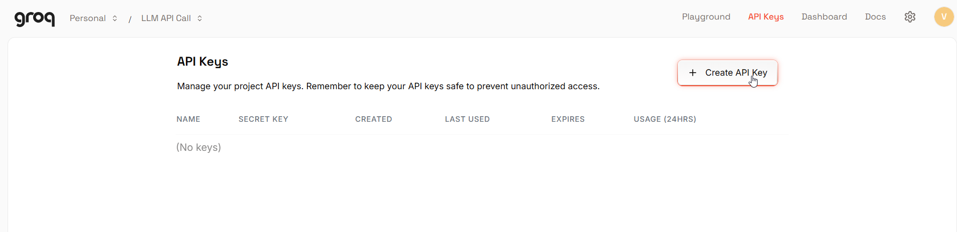 The API Keys page in the Groq console before any keys exist