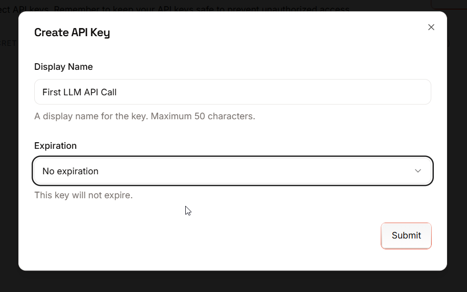 Creating a Groq API key: display name and expiration