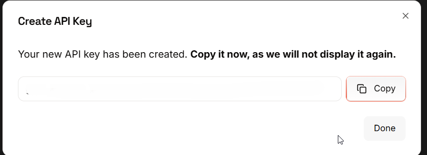 The created Groq API key, shown exactly once and redacted here