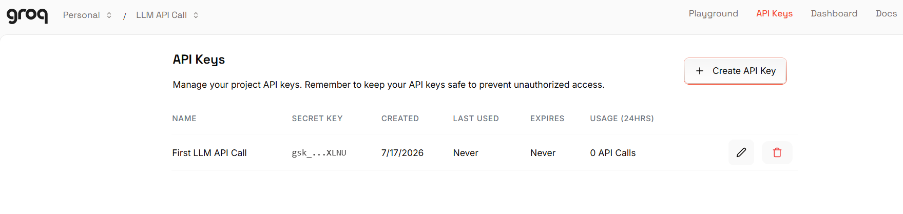 The API Keys list after creation, showing only the masked tail of the key