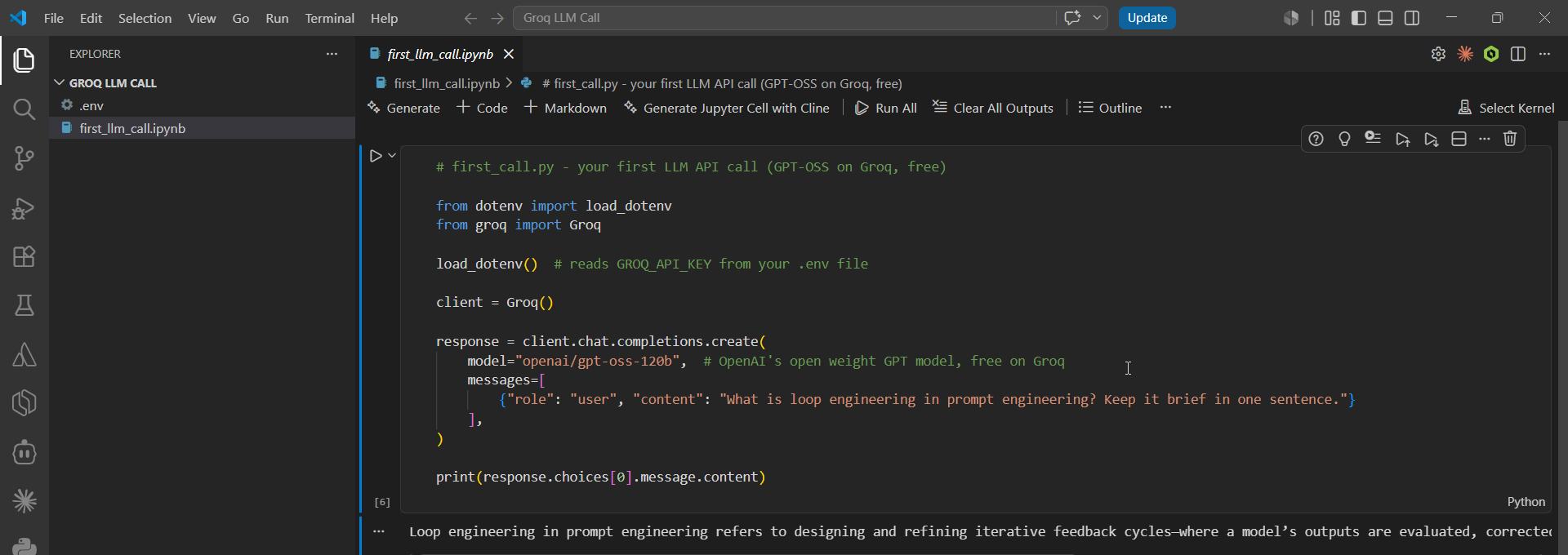 The tutorial script running in VS Code: the Python code and the model's one-sentence answer about loop engineering